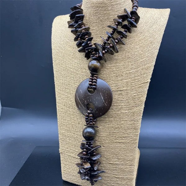 collier Rétro Géométrique Bois Émail